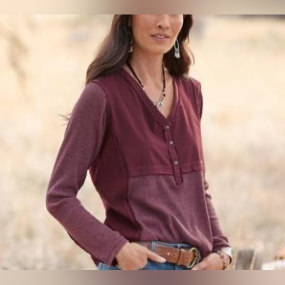 Sundance Plum Purple Long Sleeves Waffle Knit Thermal Henley T Shirt Boho Small